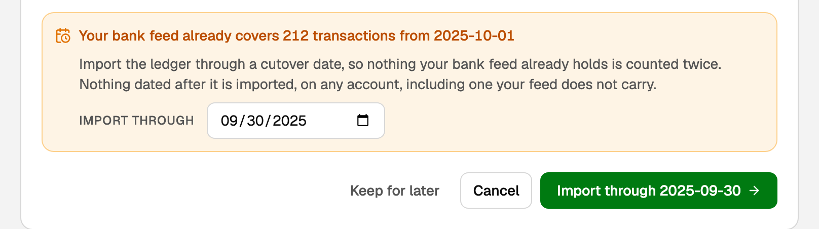 Import through set to the day before the feed starts
