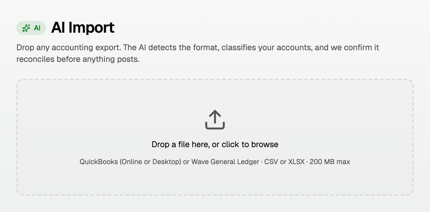 The import wizard drop zone listing the accepted file types