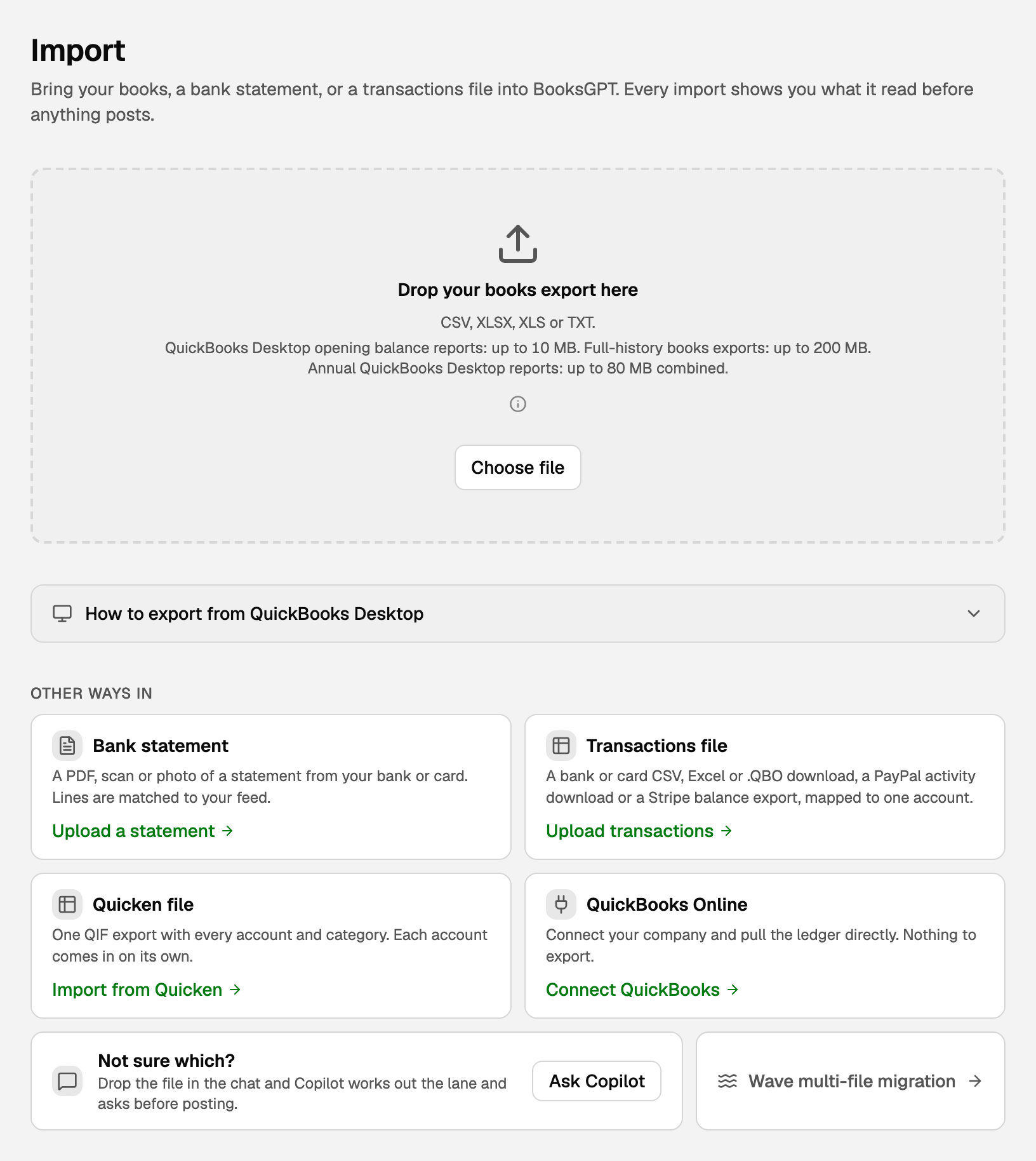 The Import page: Drop your books export here, and Other ways in with Connect QuickBooks