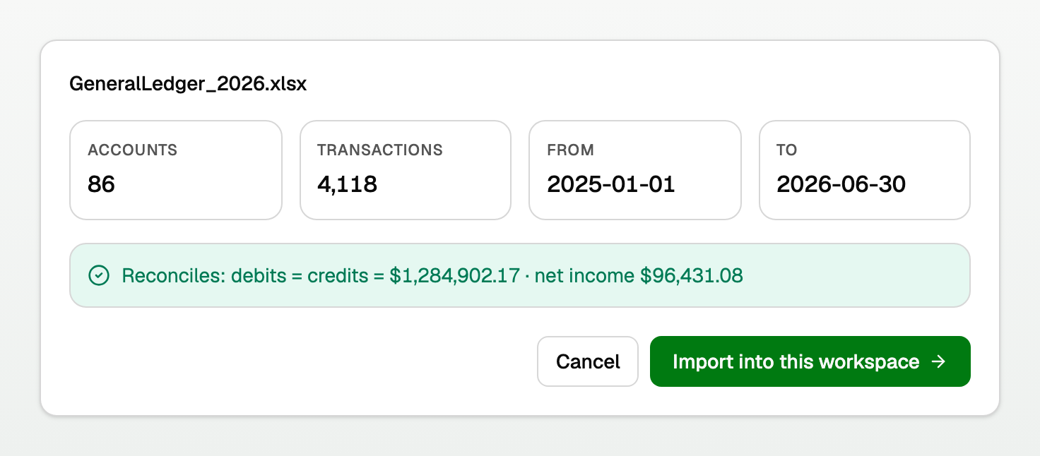 The import preview showing account and transaction counts and the green Reconciles bar