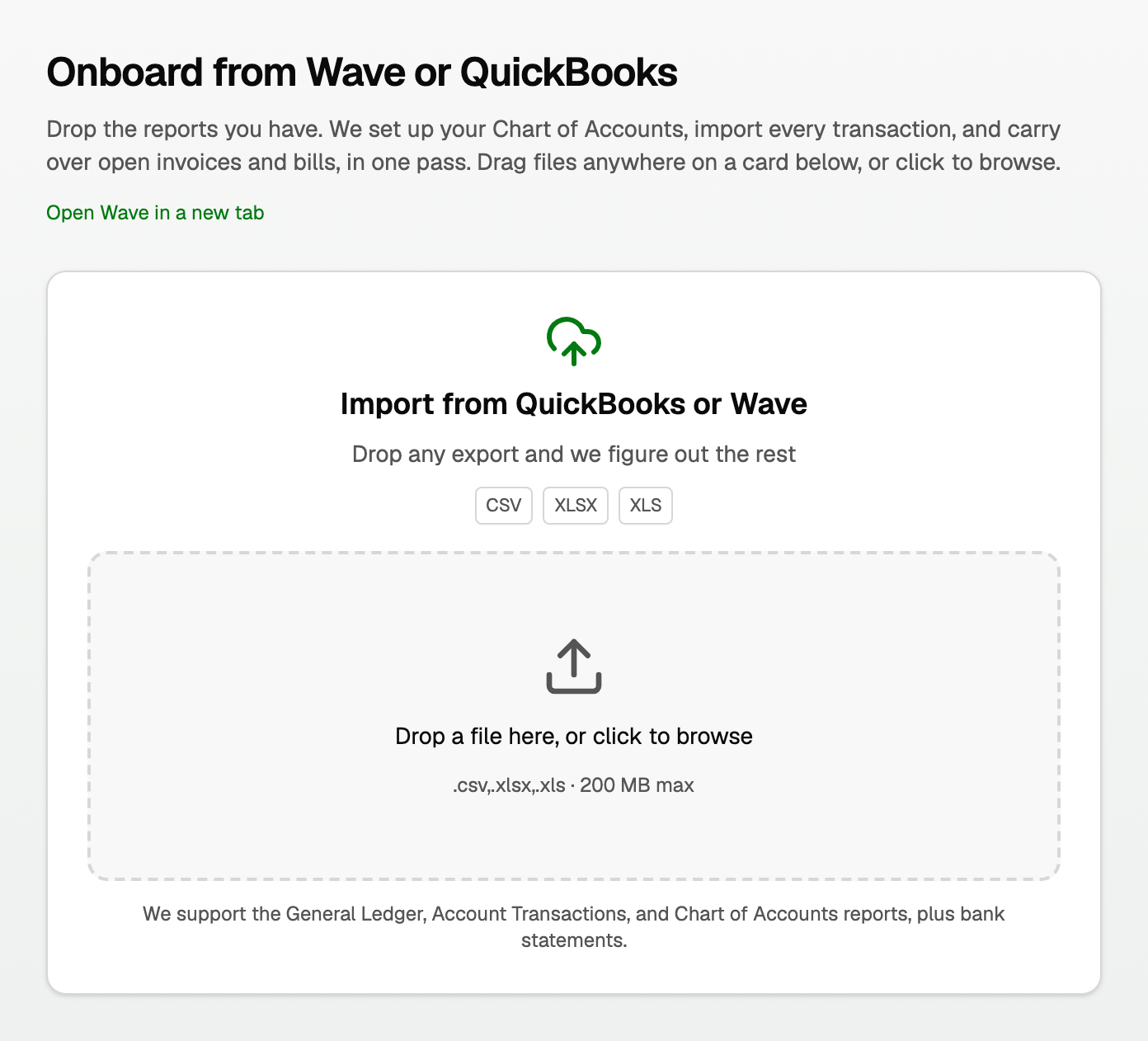 The import page with Import from QuickBooks or Wave and the drop zone