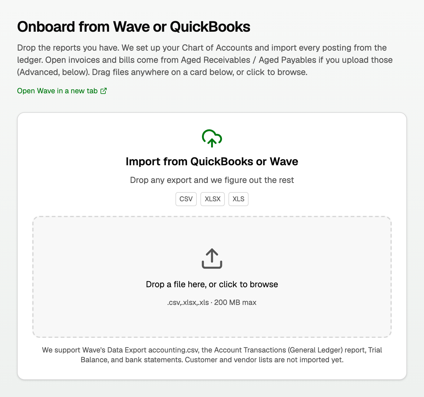 The import page with Import from QuickBooks or Wave. The drop zone names accounting.csv and says lists are not imported.