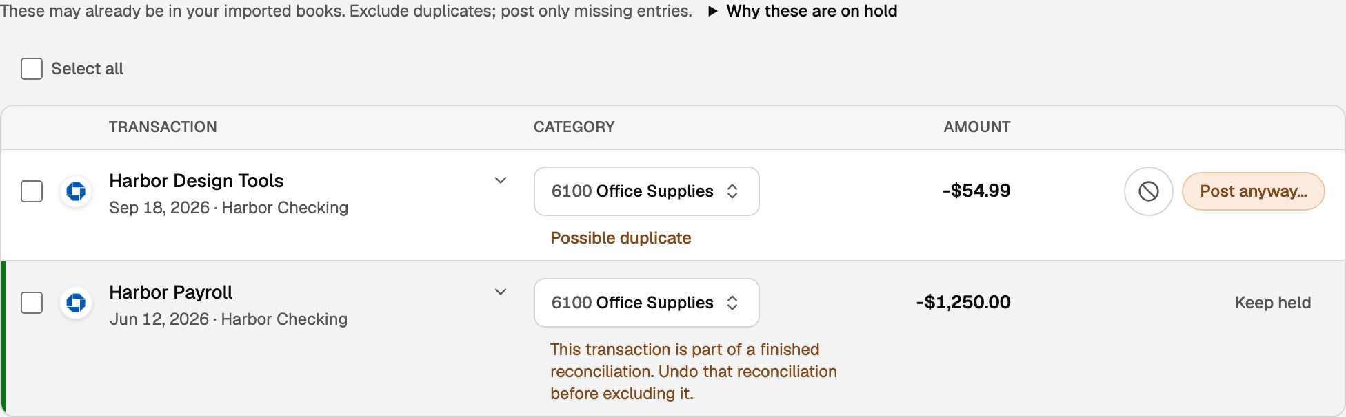 On hold, with an Exclude circle and Post anyway on one possible duplicate, and a second row that explains why it cannot be excluded