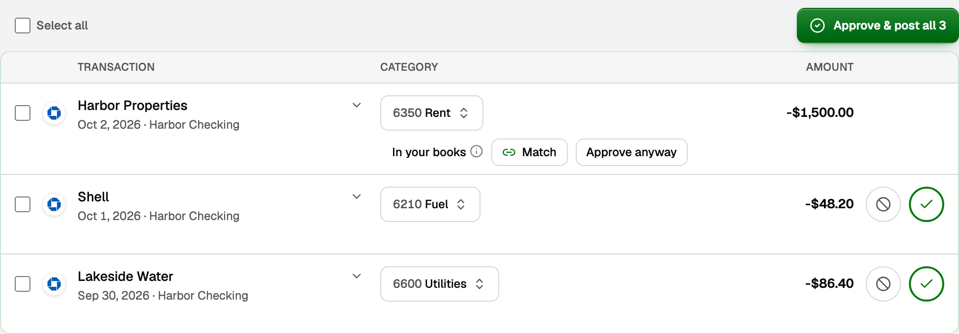 Ready to post, where a $1,500.00 Harbor Properties rent payment says In your books with Match and Approve anyway, above two ordinary rows