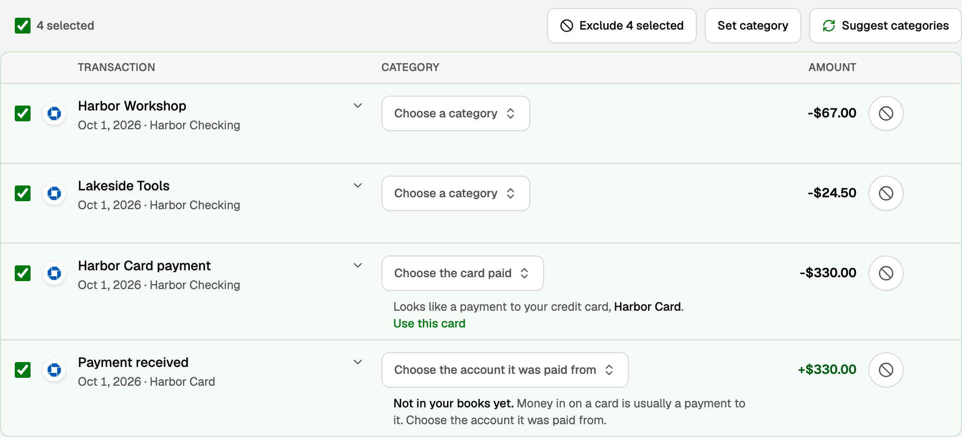 Needs a category with 4 rows selected, Exclude 4 selected, Set category and Suggest categories at the top, and a card payment that offers Use this card