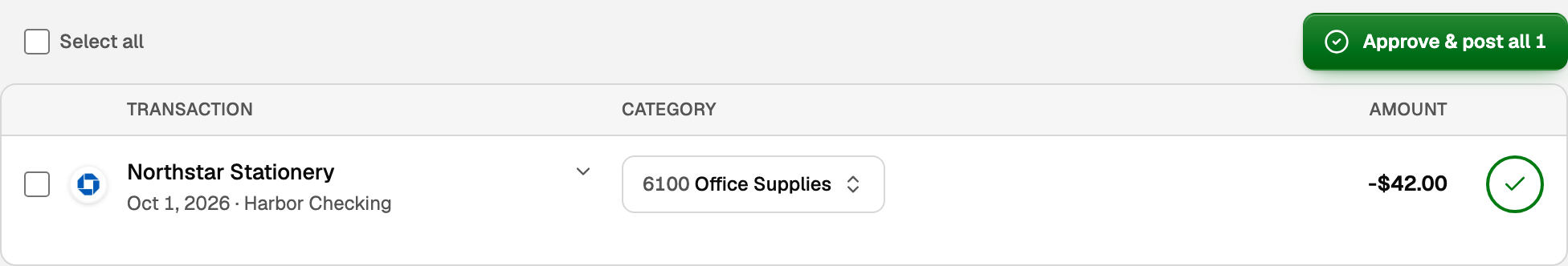 Ready to post in the Review inbox, with Approve & post all and a Northstar Stationery transaction filed to 6100 Office Supplies