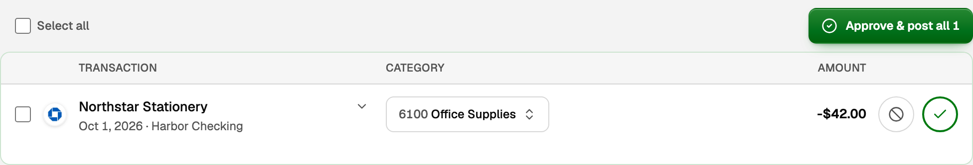 Ready to post, with Select all, Approve & post all 1, and a Northstar Stationery row filed to 6100 Office Supplies, with an Exclude circle and a green circle at the end