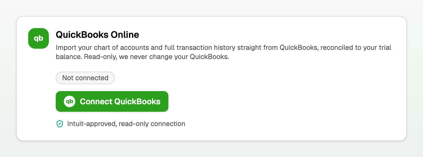 The QuickBooks Online card in the Not connected state with the Connect QuickBooks button
