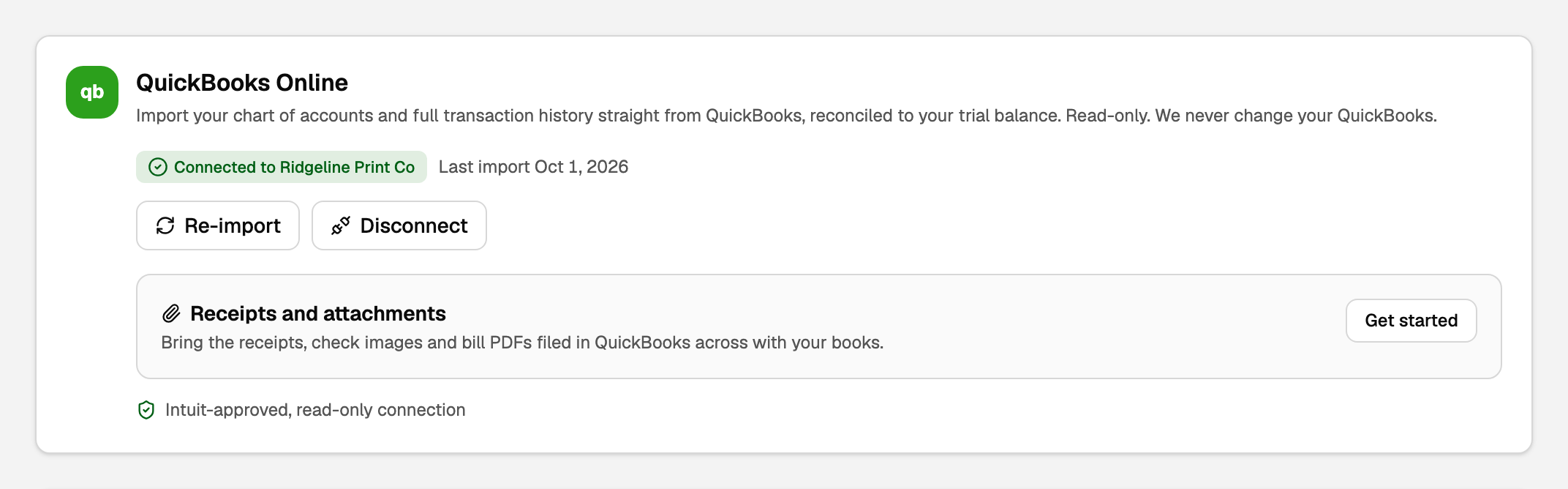 The connected QuickBooks Online card