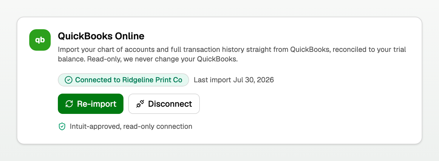 The connected QuickBooks card showing the company name, last import date, Re-import and Disconnect