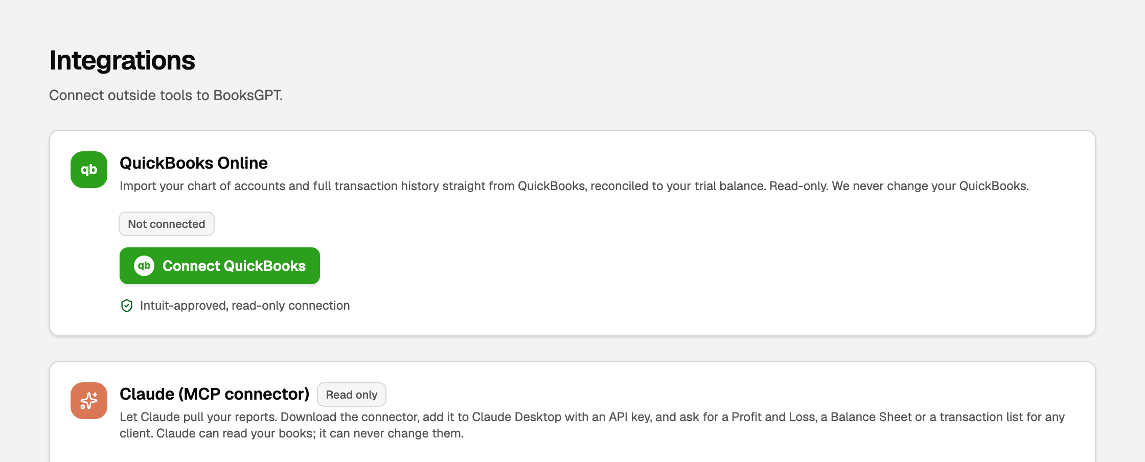 The Integrations page with Connect QuickBooks