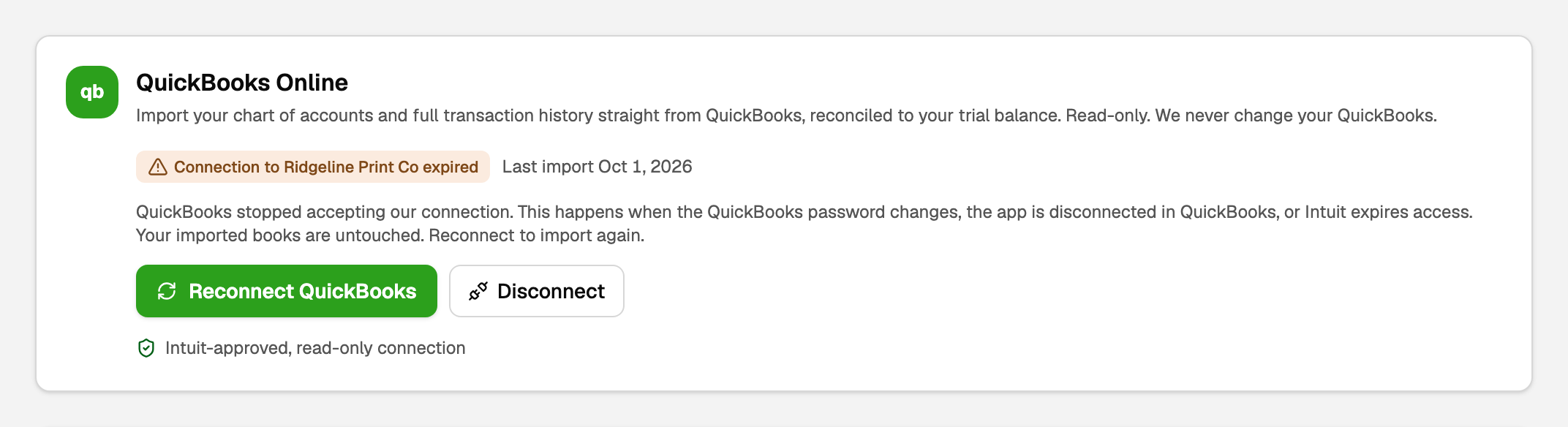 An expired QuickBooks connection with Reconnect QuickBooks