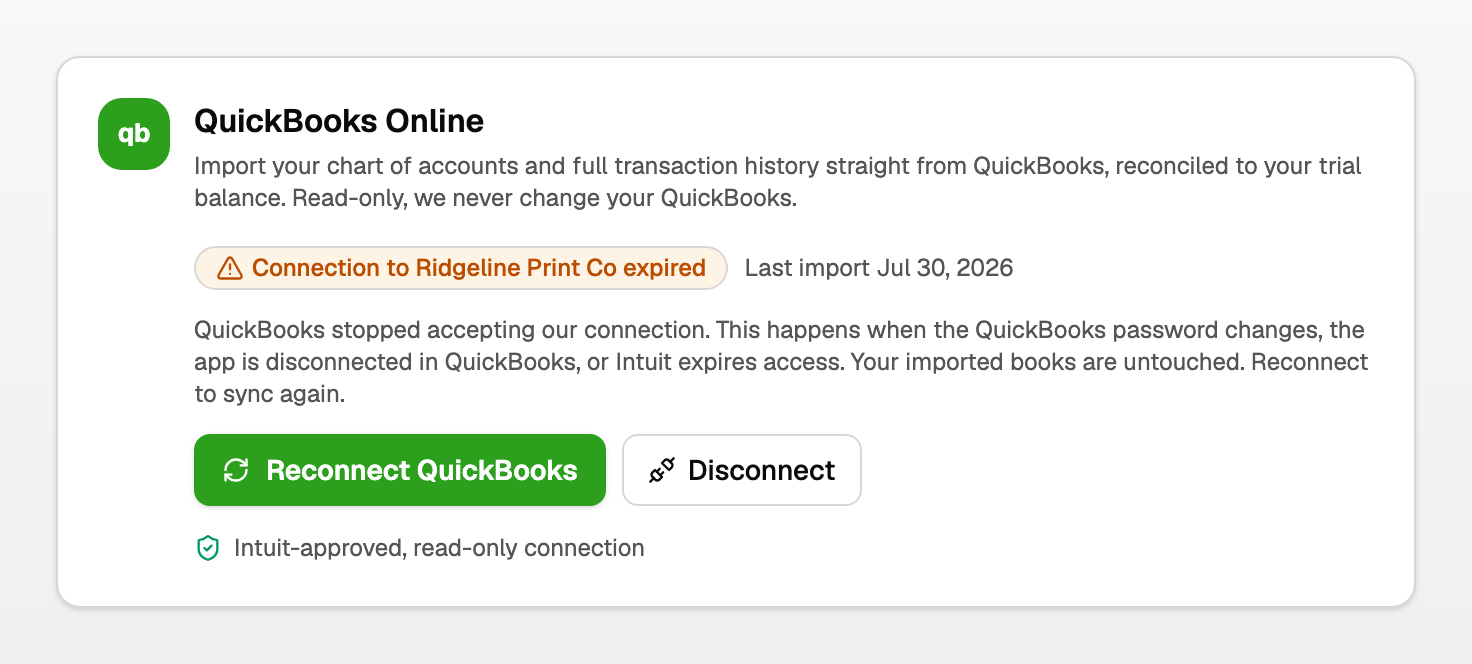 The QuickBooks card showing Connection expired, Reconnect QuickBooks, and Disconnect