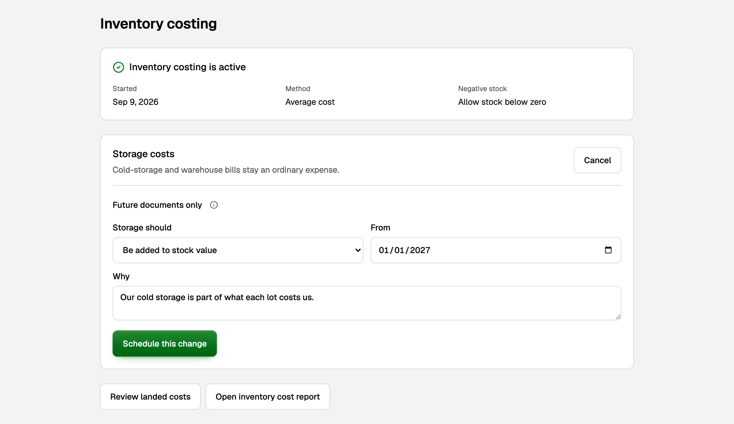 Inventory costing is active, with the storage change form set to add storage to stock value from a future date