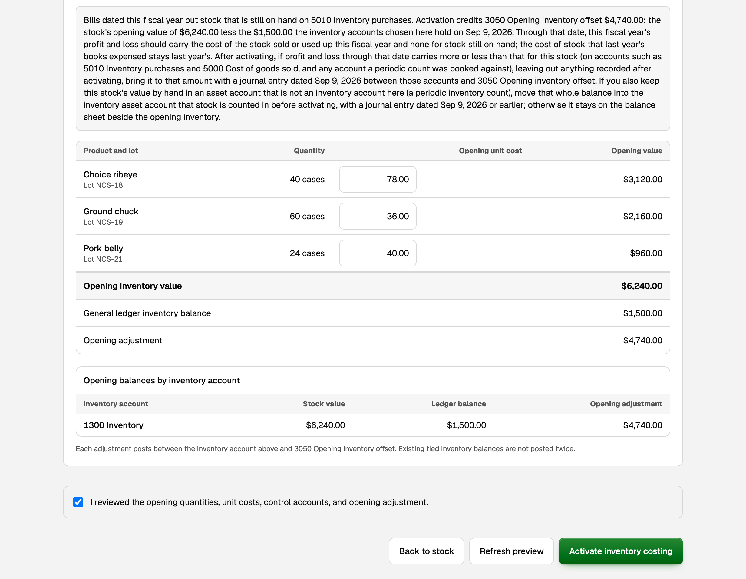 The opening inventory preview: the note about the offset, opening quantities and unit costs, the opening adjustment, and Activate inventory costing