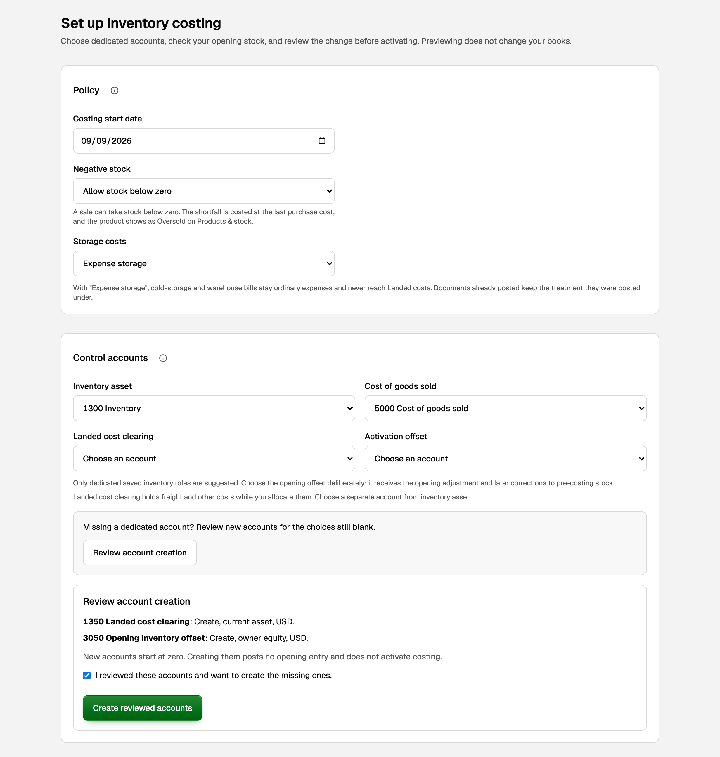 Set up inventory costing, with the policy, two accounts filled in, and the review of the two accounts BooksGPT would create