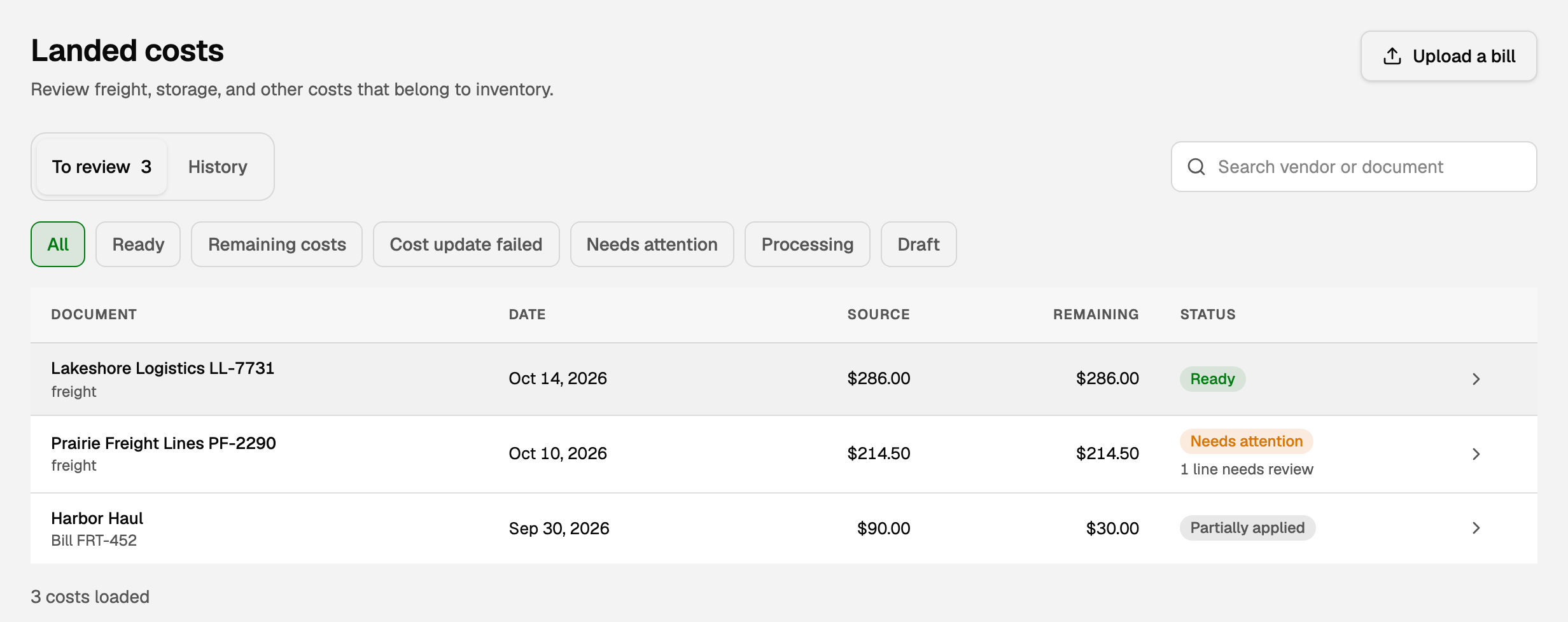 Landed costs on To review, with a Ready freight bill, one that needs attention, and a Partially applied bill with $30.00 remaining