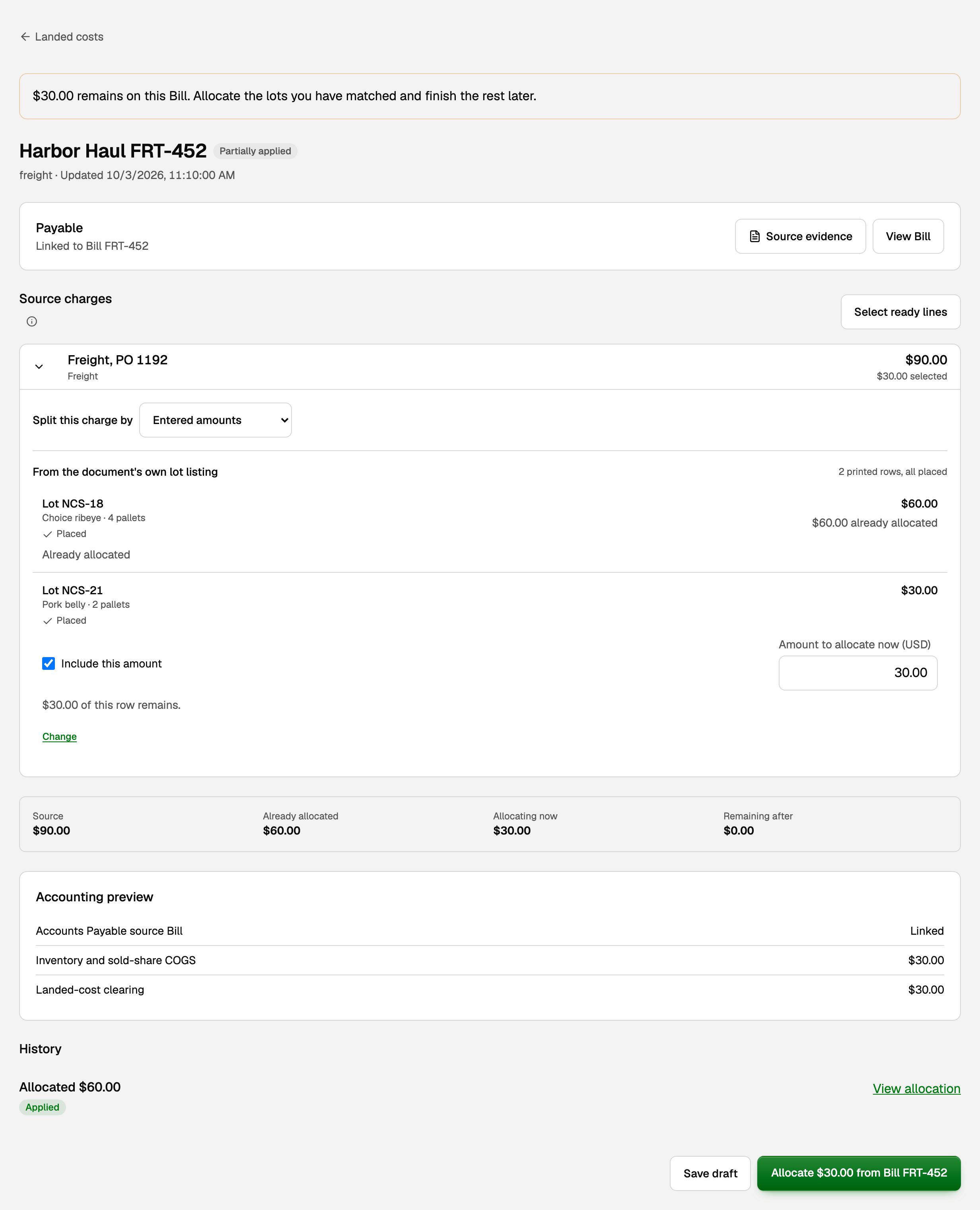 Harbor Haul FRT-452, Partially applied, with $30.00 remaining on the Bill, one lot already allocated and Allocate $30.00 from Bill FRT-452