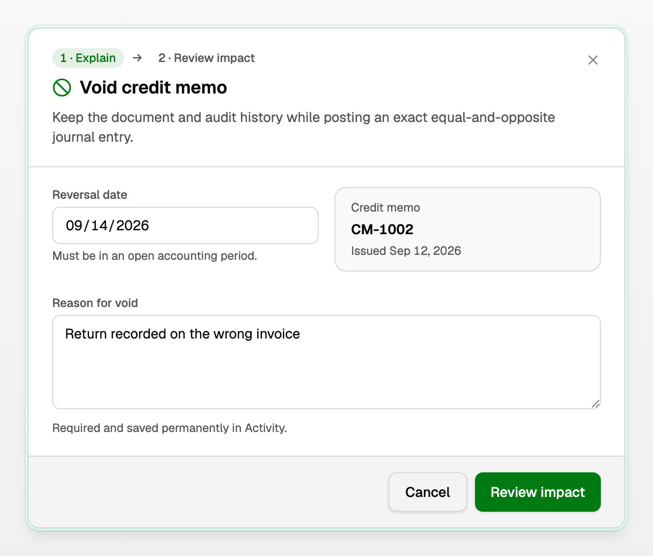 Void credit memo, with Reversal date and Reason for void