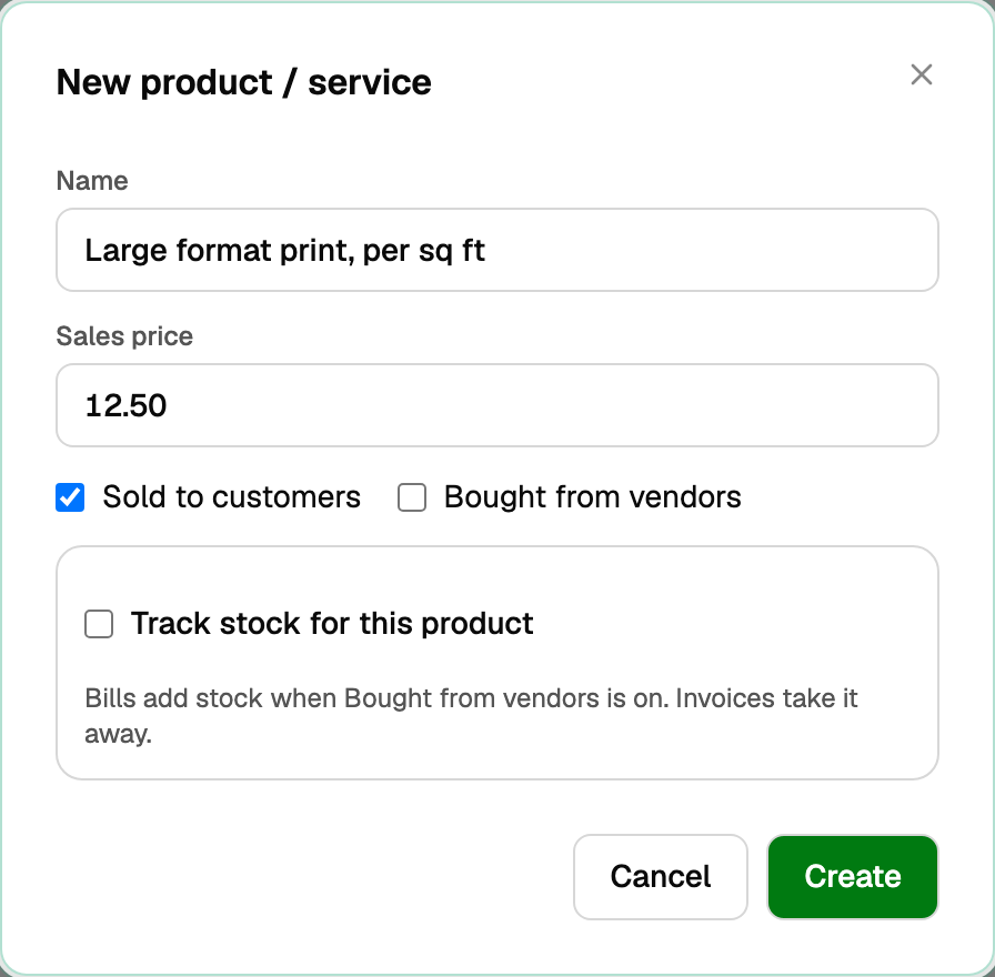 The New product / service form with Name, Sales price, Sold and Bought, and Track stock still unchecked