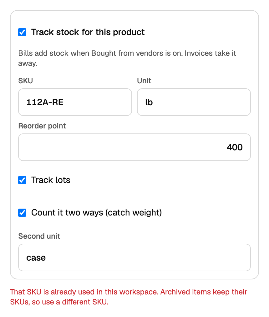 The SKU field marked invalid, with the message that archived items keep their SKUs