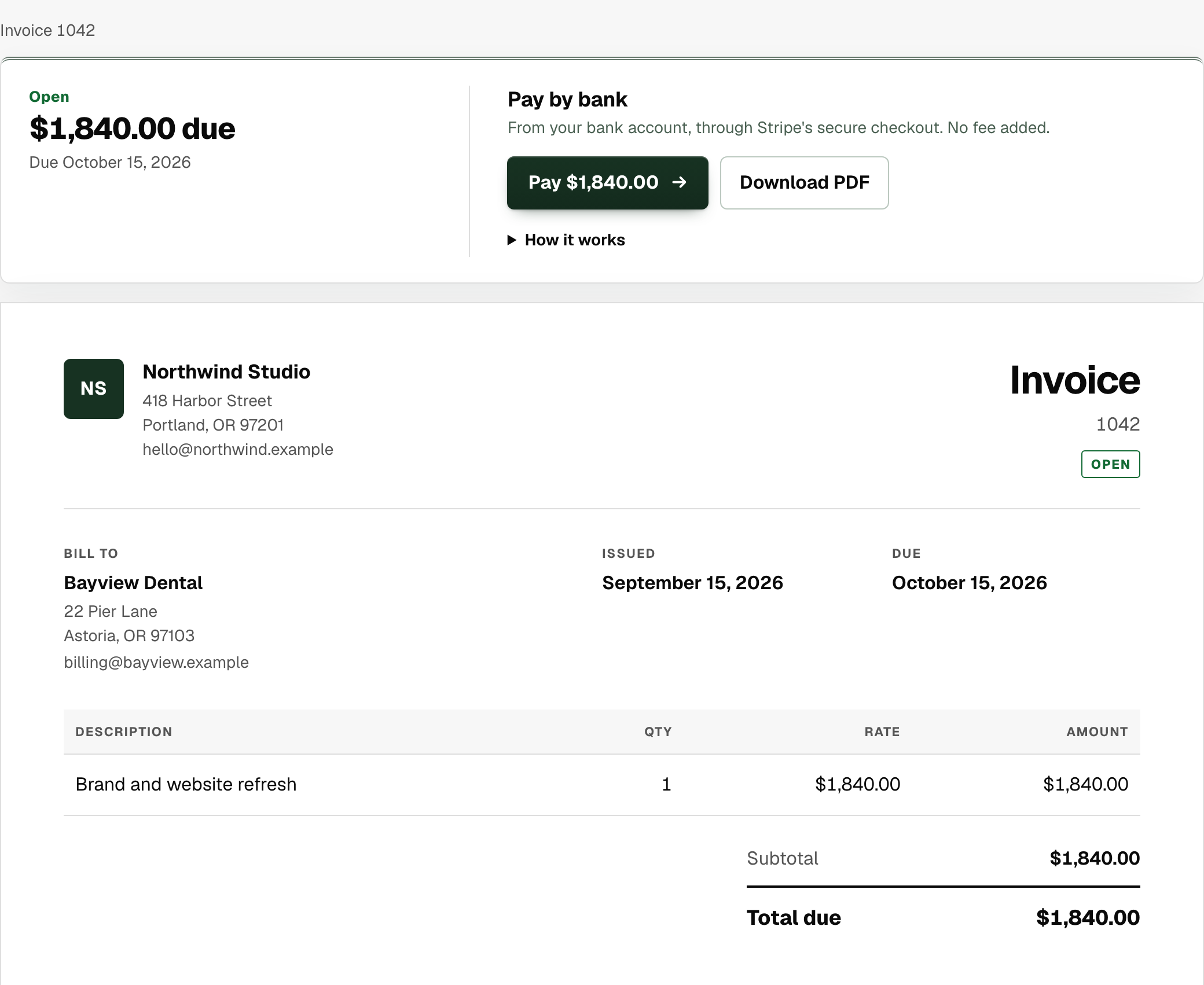 Bayview Dental's invoice from Northwind Studio, with Pay by bank, Pay $1,840.00 and Download PDF