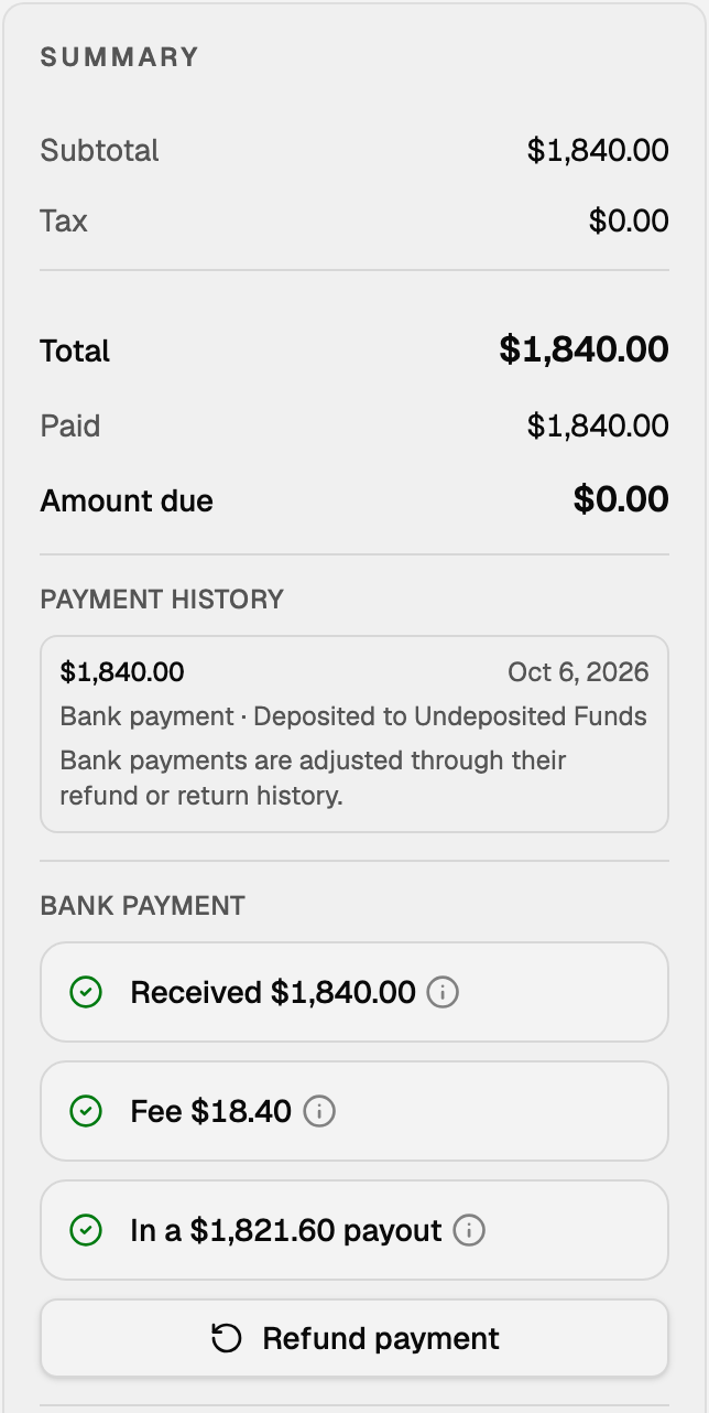 Invoice 1042 paid in full: Payment history shows a $1,840.00 bank payment, and Bank payment shows Received $1,840.00, Fee $18.40 and In a $1,821.60 payout, with Refund payment