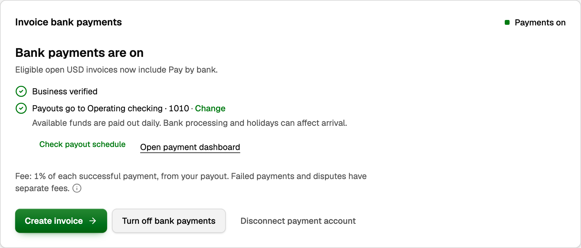 Bank payments are on, with the payout account, a daily payout schedule, Check payout schedule and Open payment dashboard