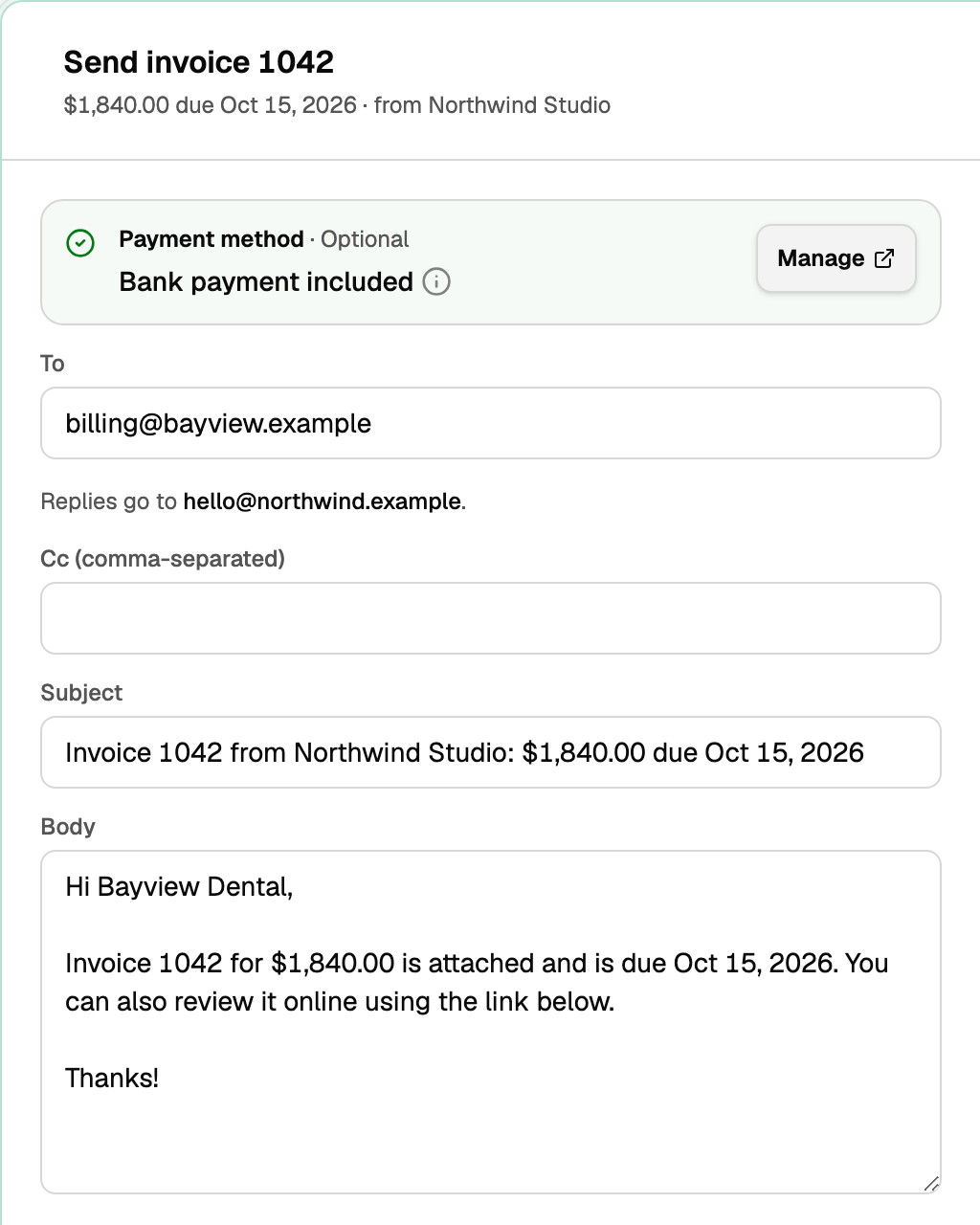 The Send invoice 1042 window, with Payment method: Bank payment included above the To, Subject and Body fields