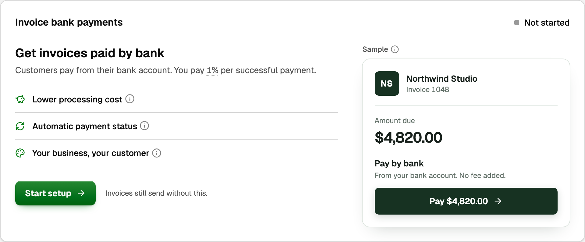 Invoice bank payments in Settings at Not started, with Start setup and a sample of the Pay by bank button your customer sees