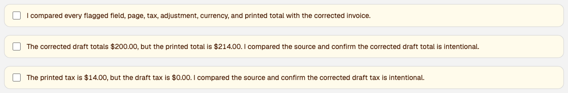 Acknowledgments for warnings, printed total, and printed tax