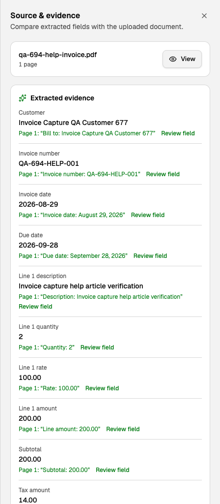 Tablet Source and evidence sheet with the PDF and extracted fields