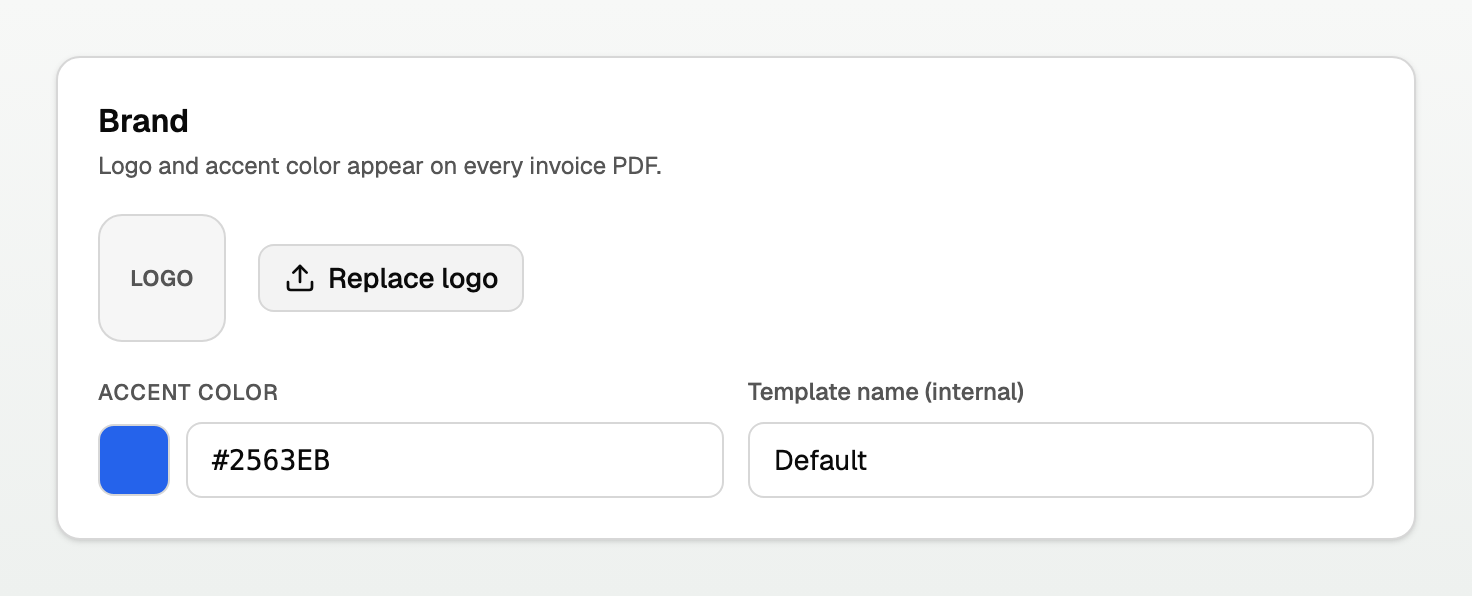 The Brand section with logo upload and the accent colour picker
