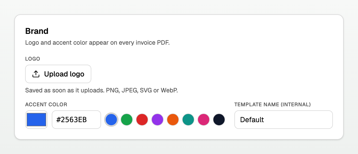 The Brand section with logo upload, the accent colour picker and swatches contained beside Template name