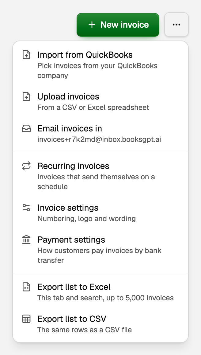 More invoice actions on the Invoices page, open beside New invoice, with Invoice settings in the menu