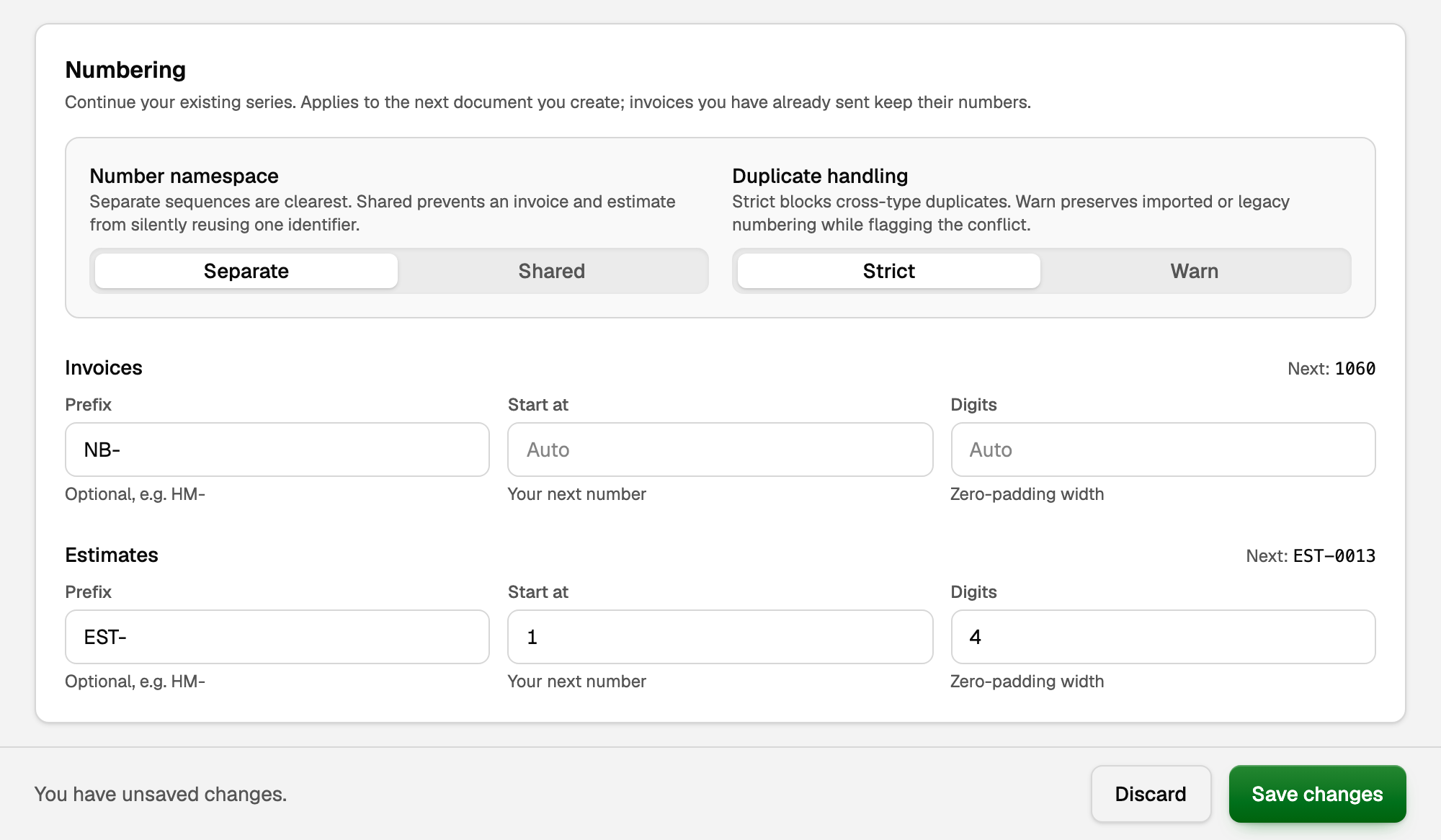 The Numbering section without its own save button, above the page-level Discard and Save changes bar