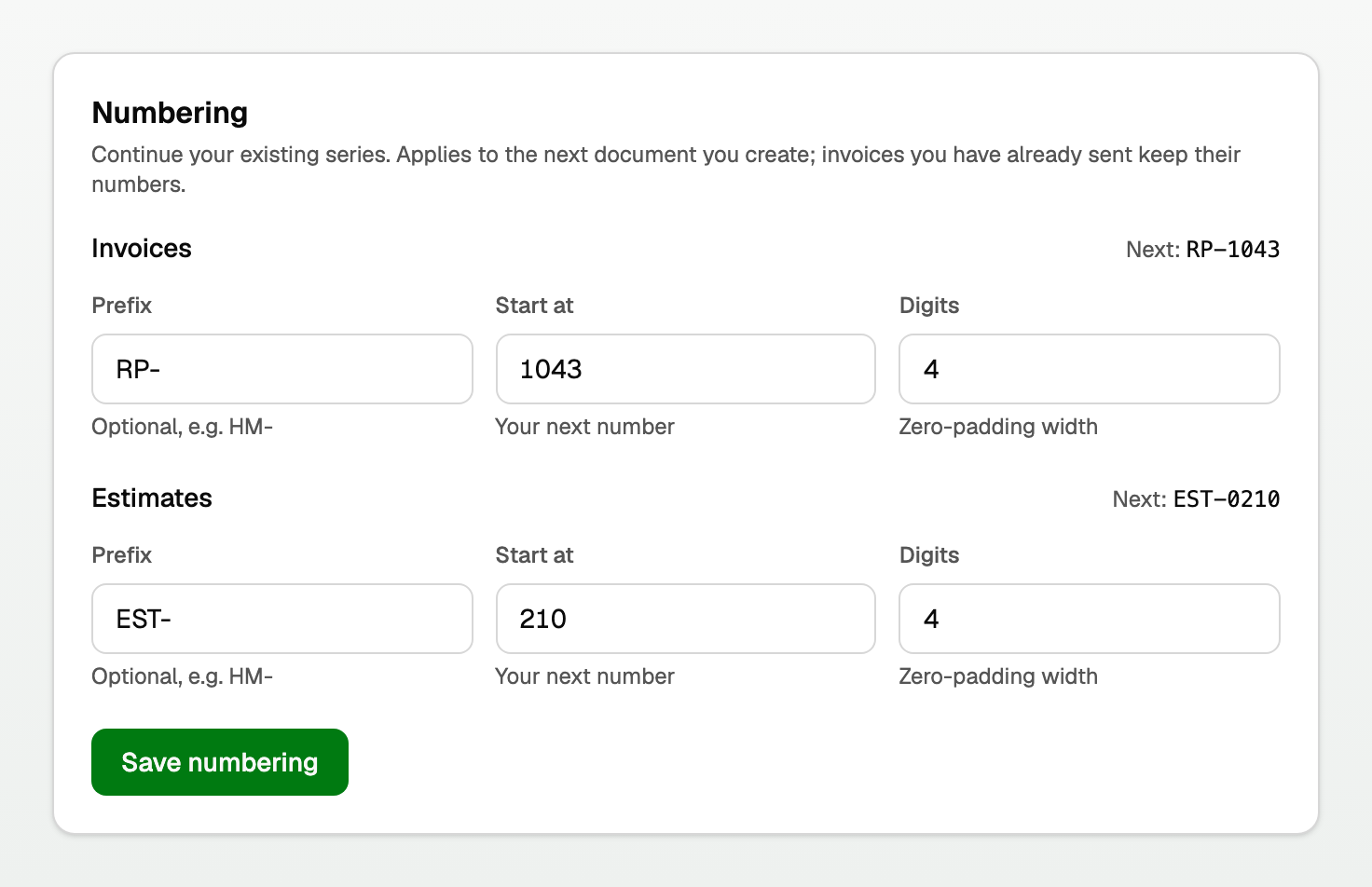 The Numbering section with Prefix, Start at and Digits for invoices and estimates, and the Next preview