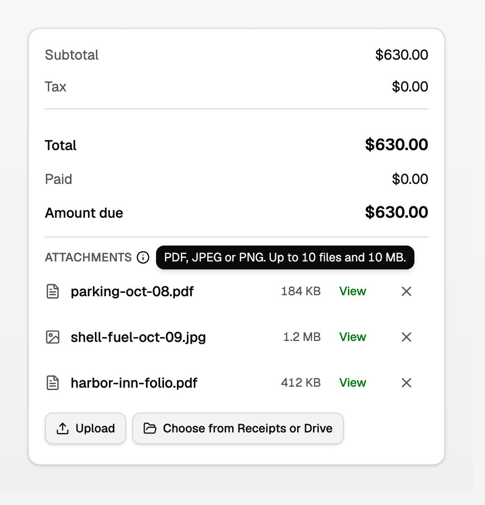 Attachments with three files, View, Remove, the small Upload and Choose from Receipts or Drive buttons, and the info icon beside Attachments open with the file type and size limits