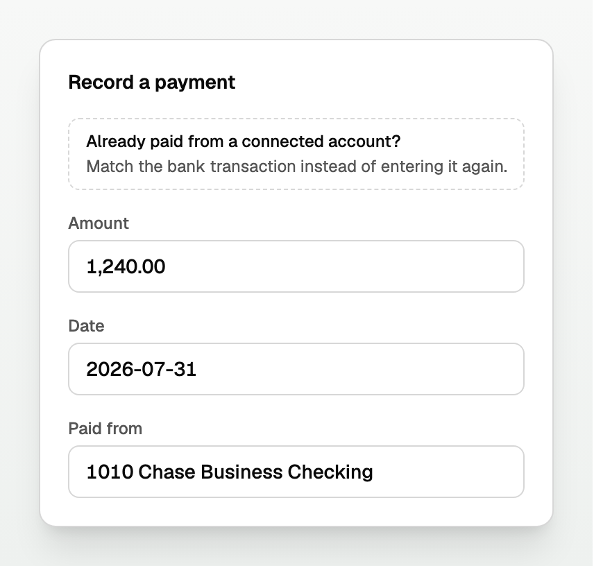 The Record a payment panel, with the option to match a bank transaction above the manual fields