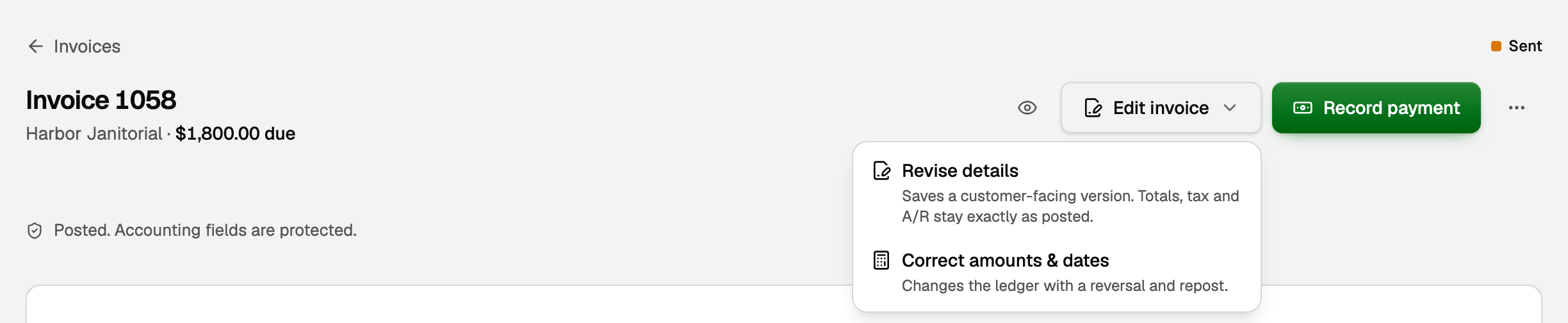 Edit invoice open on Revise details and Correct amounts & dates