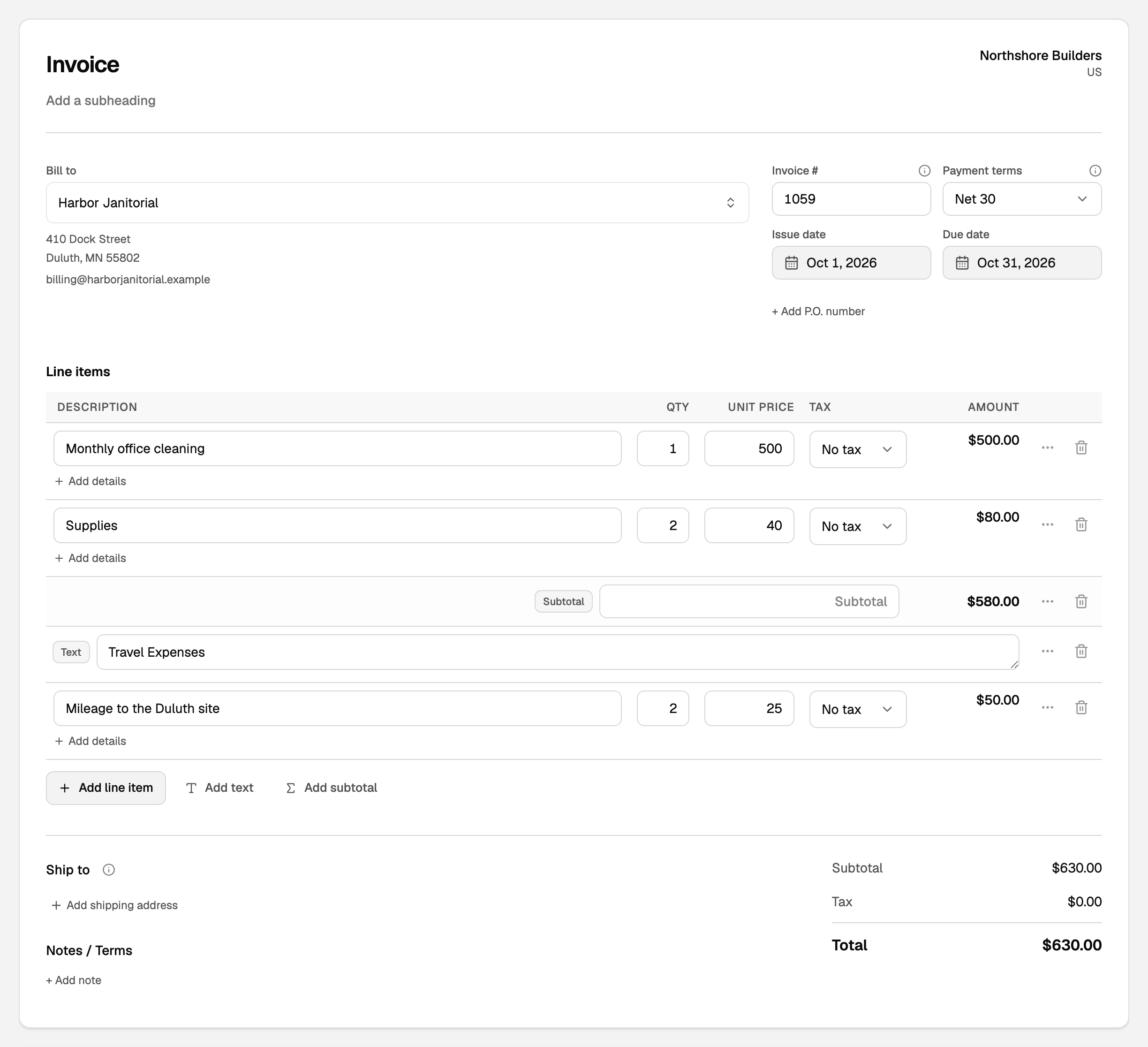 An invoice draft with Bill to, Invoice number, Payment terms, dates, line items with a subtotal and a Travel Expenses heading, Add text, Add subtotal, Ship to, and totals