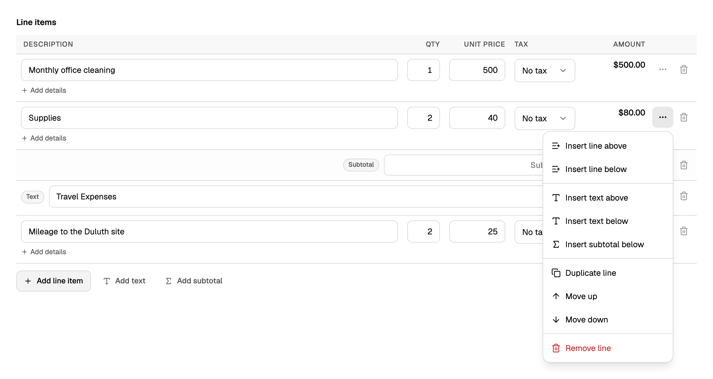 A line's menu with Insert text above, Insert text below, and Insert subtotal below