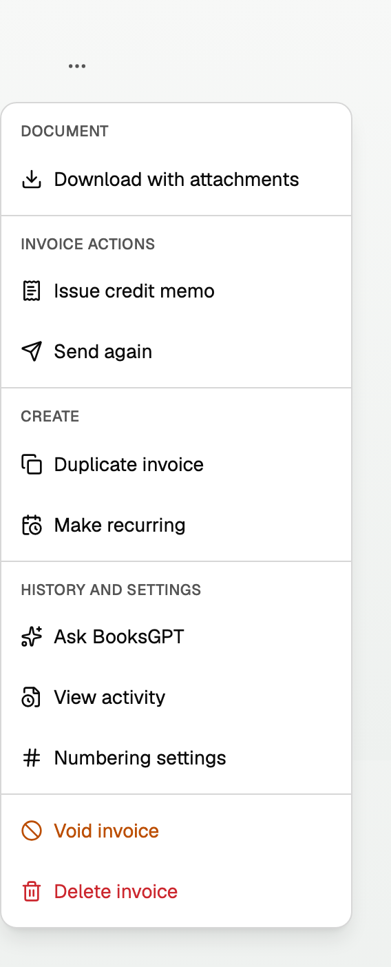 More invoice actions, with Download with attachments under Document, plus Issue credit memo, Duplicate invoice, Make recurring, and Void invoice