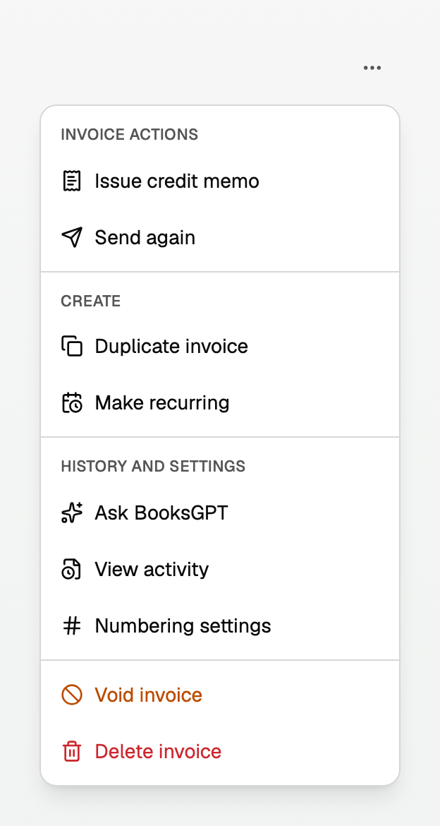 The More invoice actions menu, with Make recurring under Create