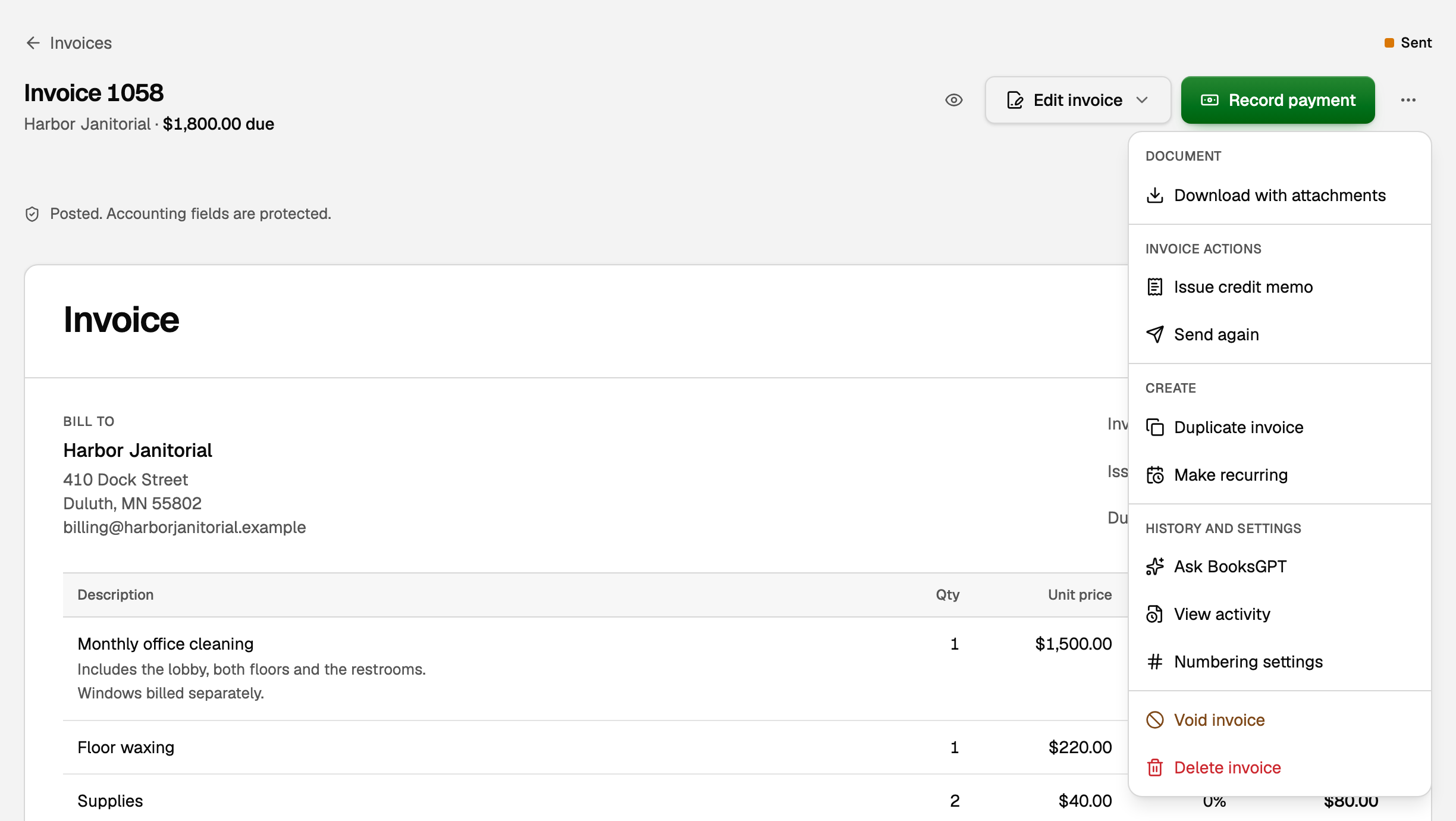 More invoice actions open on invoice 1058, with Void invoice and Delete invoice at the bottom
