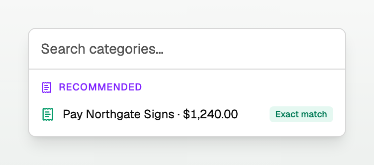 The category picker offering to pay a matching open bill, tagged Exact match