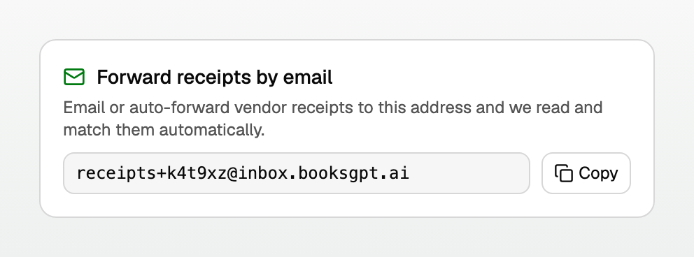 The Forward receipts by email card with the workspace's own address and a Copy button
