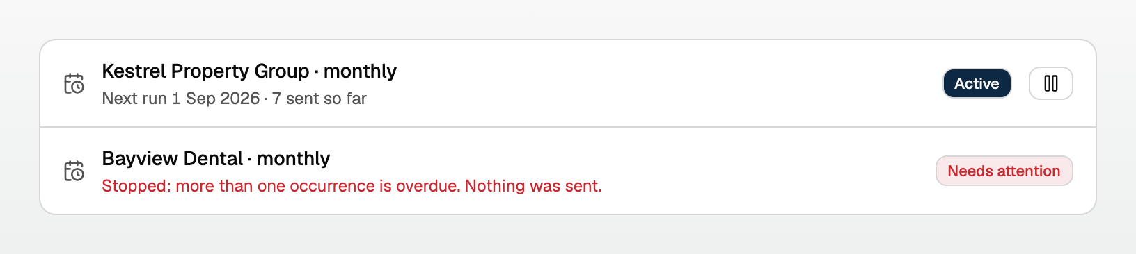 A recurring series stopped with a Needs attention badge and the reason it stopped