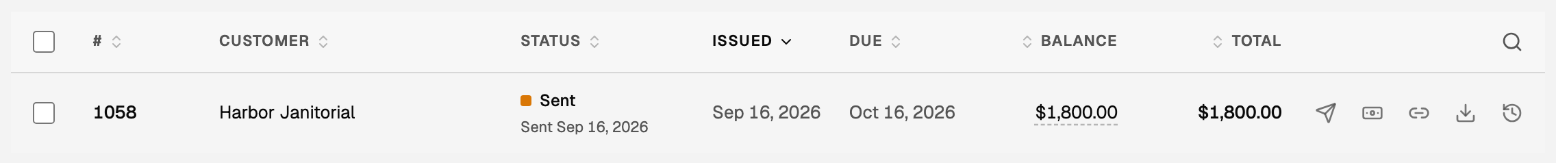 An invoice row with Send invoice, Record payment, Copy payment link, Download PDF, and View activity