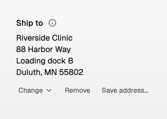 Ship to filled, with Change, Remove, and Save address
